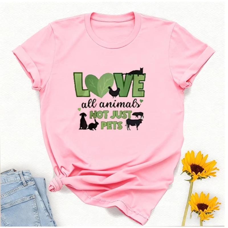 Novelty Creative Valentines Go Veganall Animals Tee Couple Gift Lover Plant Based Activism T-shirt Casual Regular Short Sleeve