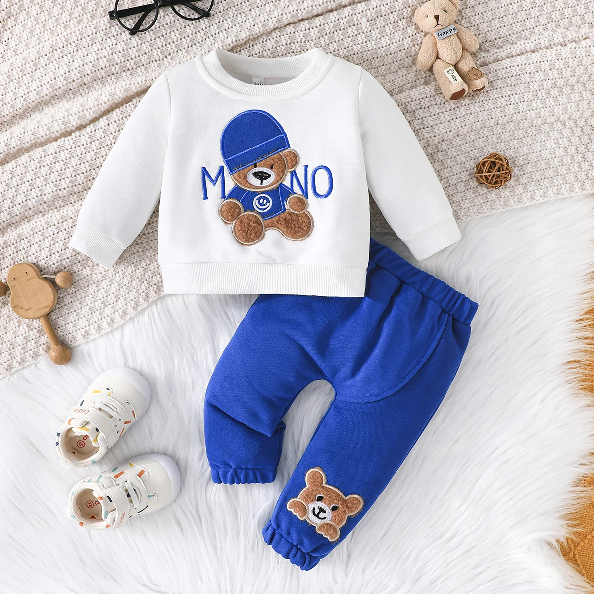 Terno For Kid 3-24Months Casual Cartoon Bear Long Sleeve tee and Navy Pants Outfit Toddler Infant Clothing Set Kids Wear