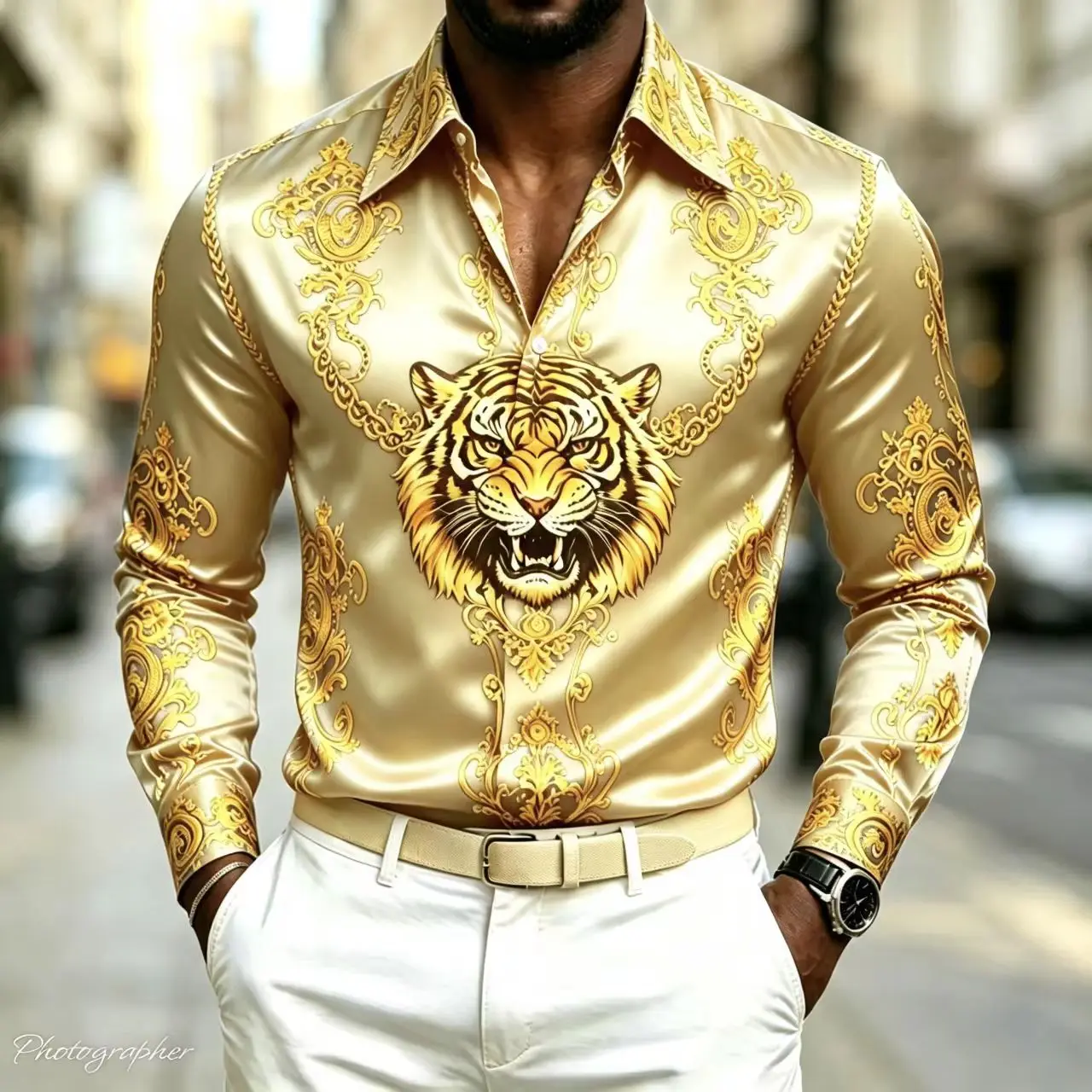 Men's Luxury Satin Dress Shirt Gold Tiger Head Baroque Print Black Long Sleeve Button Down Silk Casual Party Top