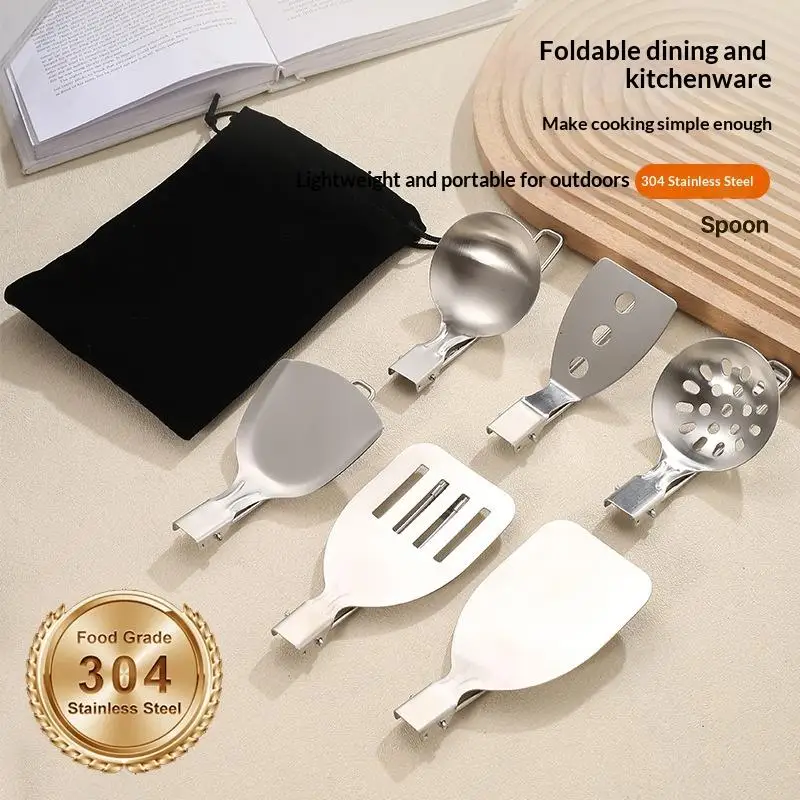 【New】Stainless Steel Folding Spatula Spoon Shovel Food Turner Fold Spoon Outdoor Camping BBQ Cooking Compact Tableware