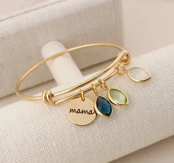 Pulsera con dijes redondos de acero inoxidable, brazalete con nombres grabados personalizados, piedras de nacimiento, regalo para madre
