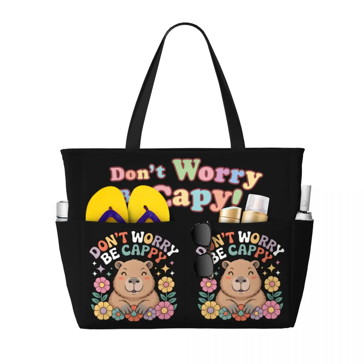 

Custom Don't Worry Be Cappy Capybara Groceries Shopping Tote Bags Women Big Capacity Beach Gym Travel Bags