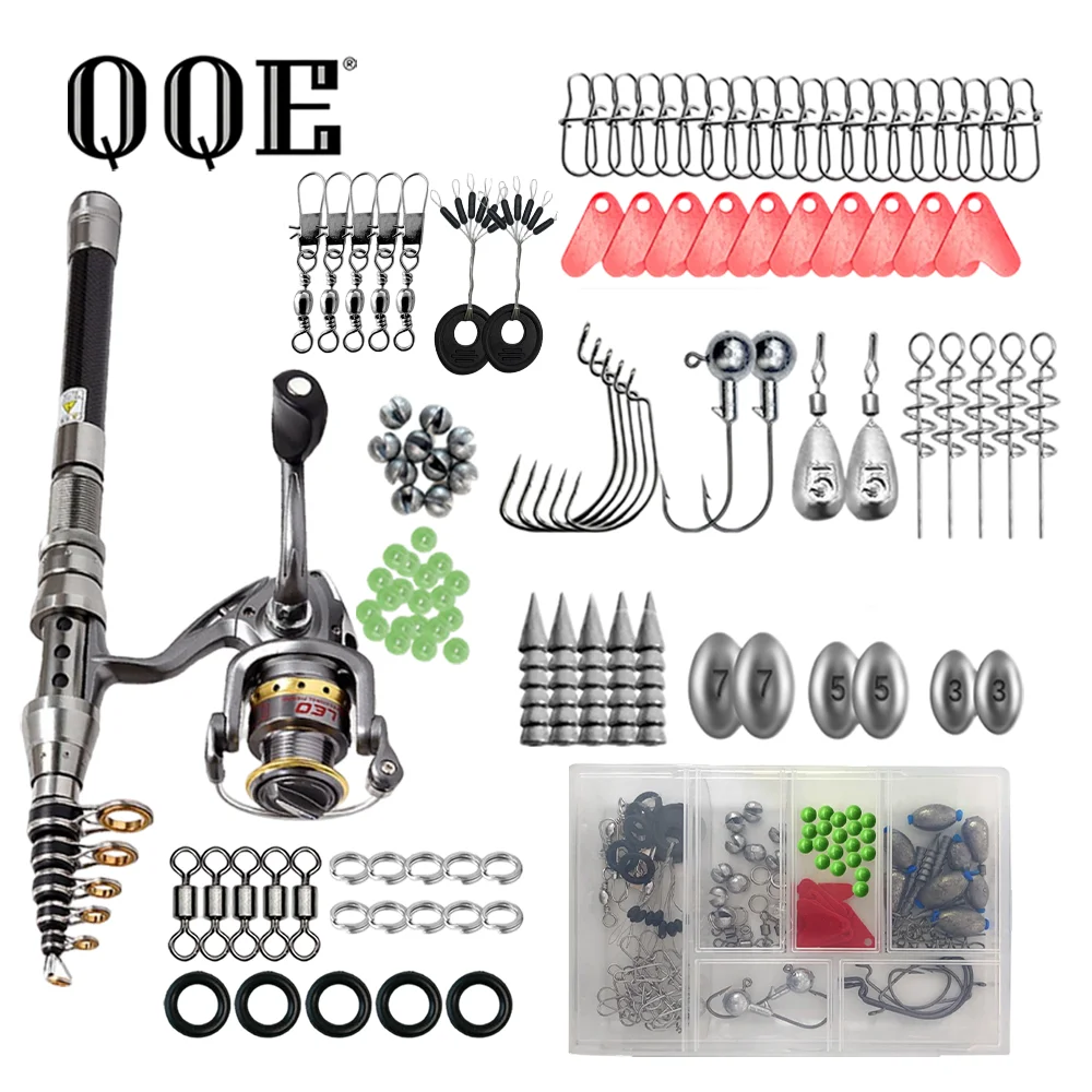 qqe-18メートル-カーボン製-伸縮式-釣り竿セット-スピニングリール、釣り道具一式、フック、シンカー、スイベル、ビーズ、釣り道具箱