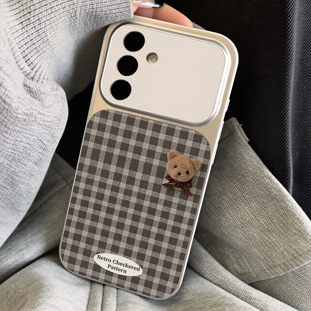 Cute Bear Phone Case For Samsung S26 Ultra S25 S24 S23 FE Plus A57 A56 A16 A37 A27 A07 A17 A55 A54 A36 A26 Lichee Pattern Cover