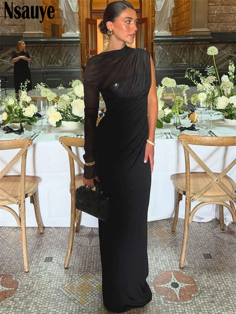 Nsauye Sexy Women Evening Party Elegant Bodycon Birthday Club Dress Outfit Mesh See Through Pullover Maxi Long Sleeve Dress 2025