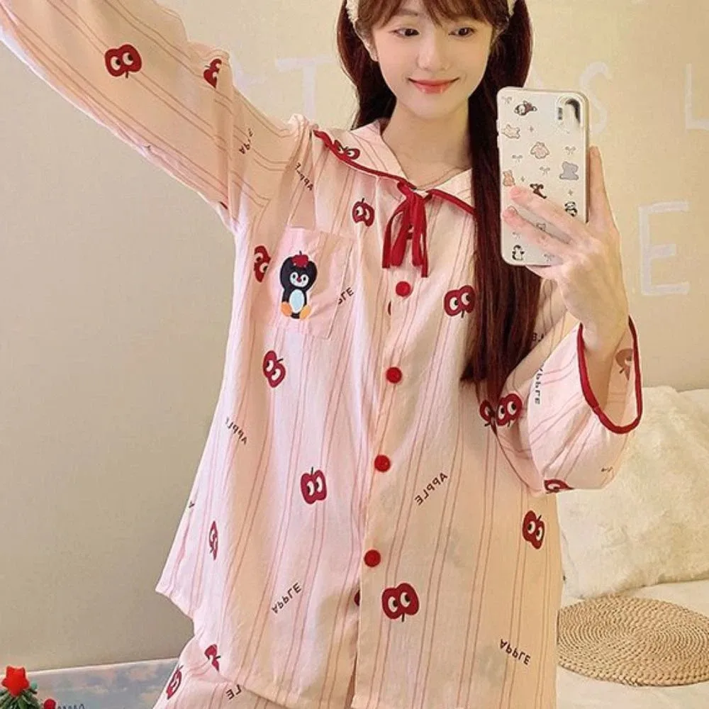 Damski komplet piżamy z kołnierzykiem, w paski, z motywem psa i pingwina, z długim rękawem, luźny, dwuczęściowy, do noszenia w domu, odzież nocna.