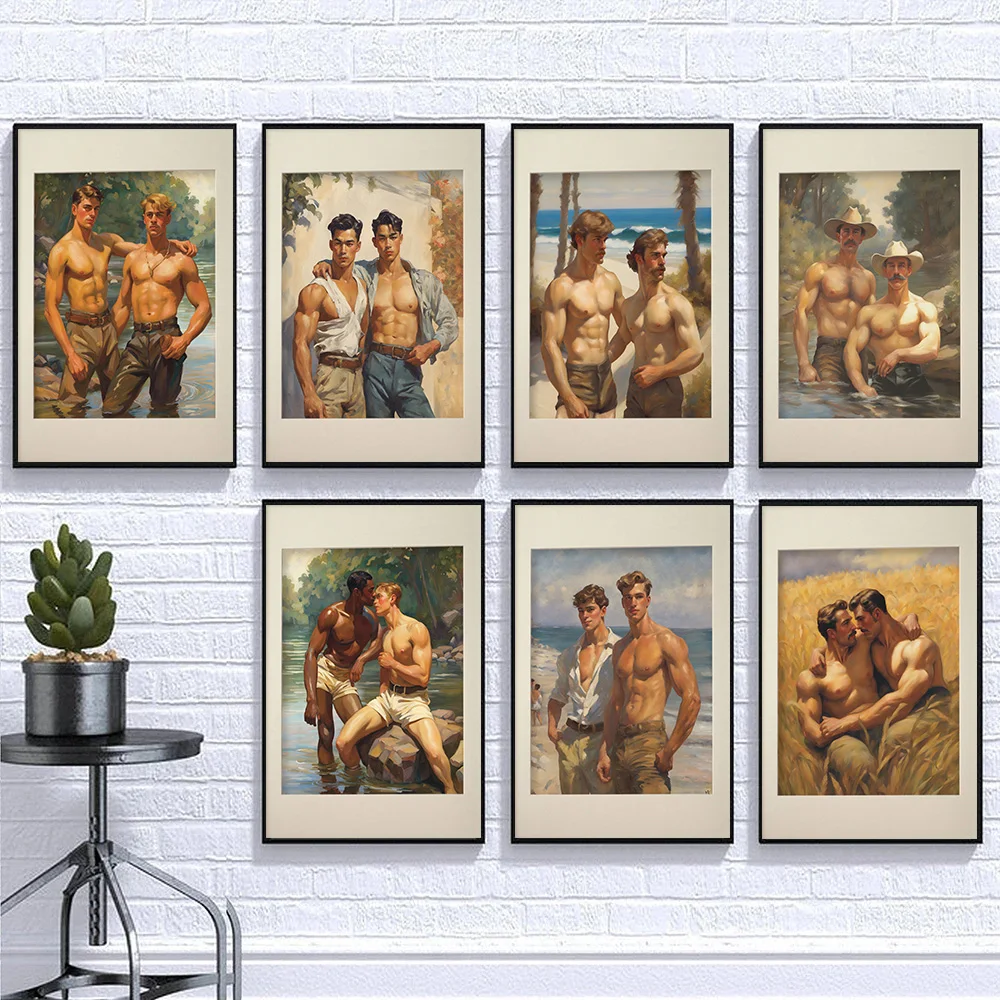 Muscular Man Gay Vintage Male Body Kiss Forest Walk Poster Print Wall Art Pictures Canvas Painting Room Bedroom Home Decor Gift