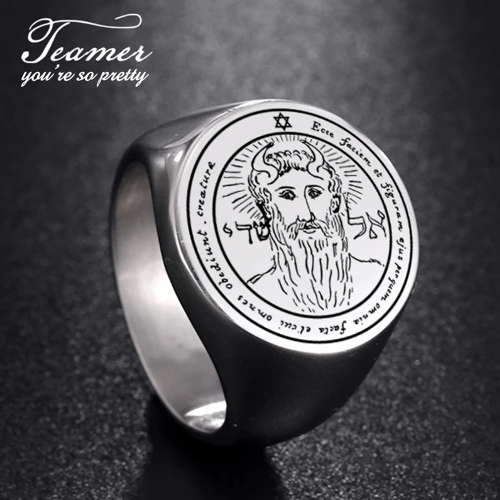 Teamer Seal of Solomon Seven Archangel Ring Men Stainless Steel Vintage Magical Blessed Wide Finger Ring Jewelry Gifts Wholesale