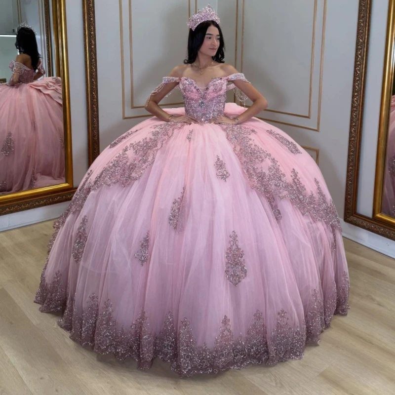 

Pink Shiny Quinceanera Dresses Ball Gown Off The Shoulder Applique Lace Beads Bow Tull Party Birthday Sweet 16 Dress Vestidos De