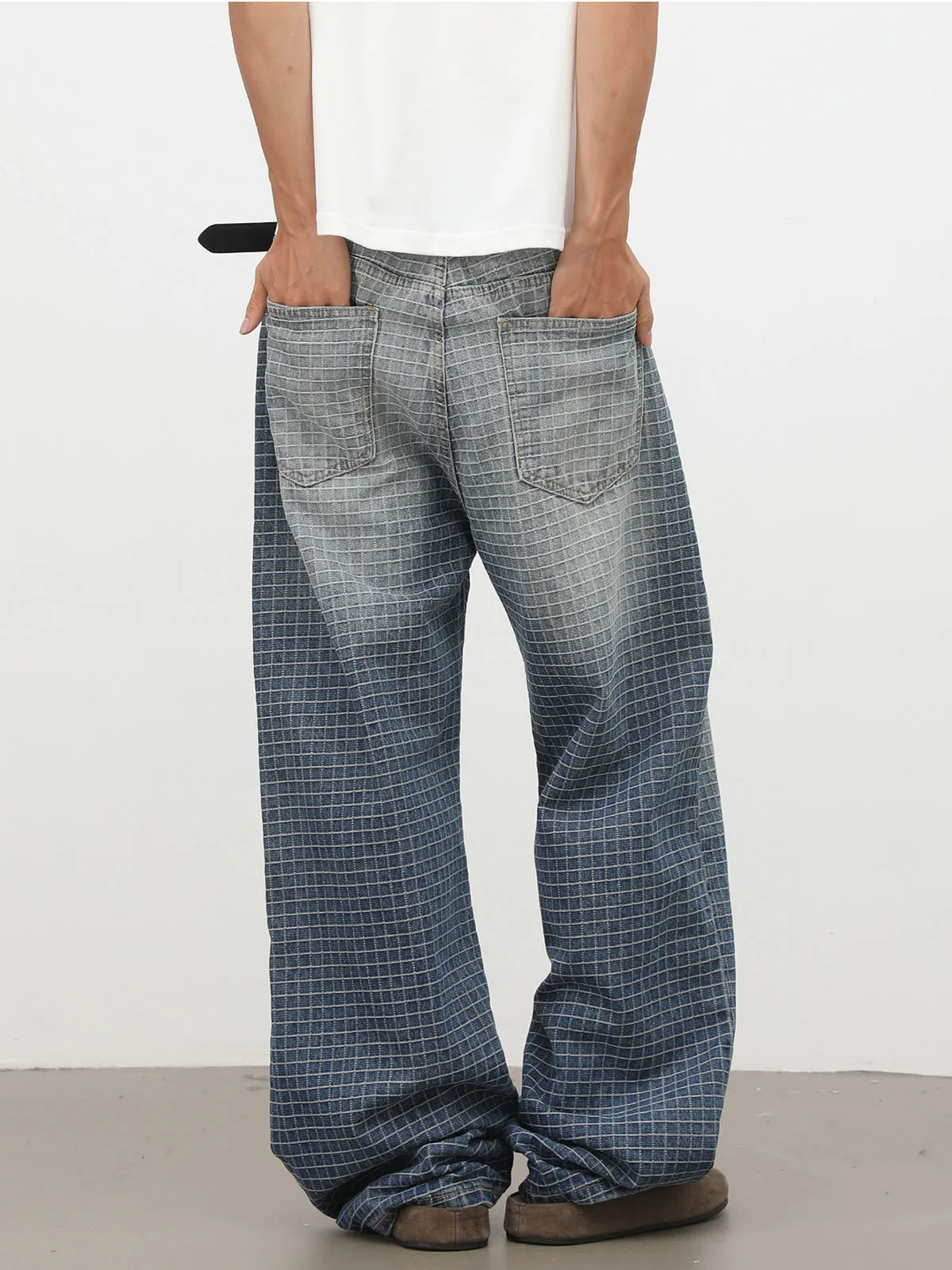 Summer Men's Plaid Jacquard Jeans American Casual Fashion Retro Street Style Male Washed Blue Gradient Straight Leg Denim Pants
