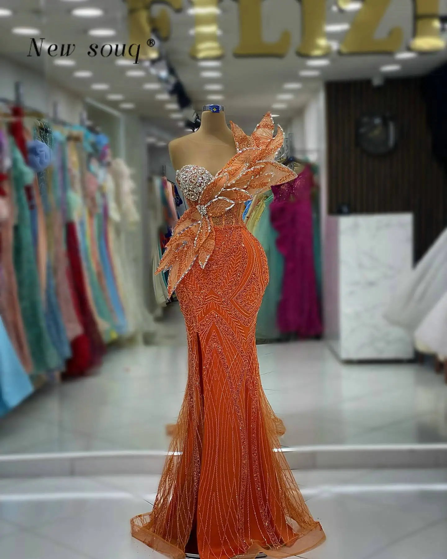 Arabic Orange 3D Leaf Designs Long Mermaid Evening Dresses with Slit Crystals Beaded Women Formal Party Wear Wedding Guest Gowns