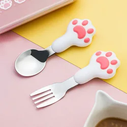 304 stainless steel children's tableware Cute cartoon silicone cat claw handle Eat and drink soup spoon fork