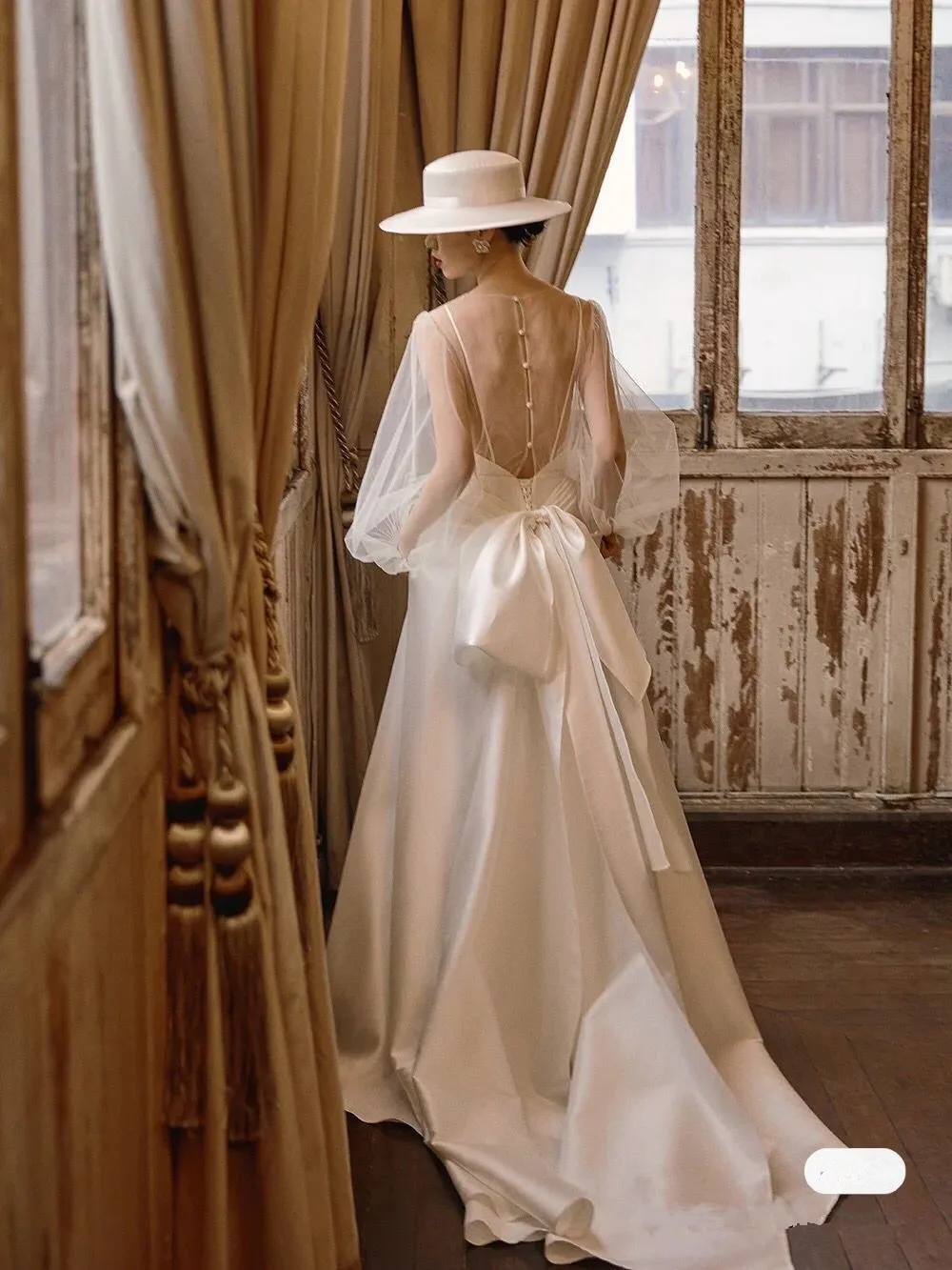 Vestido de novia blanco de manga larga con cuello en V, Simple, con lazo, elegante, transparente, vestido de novia