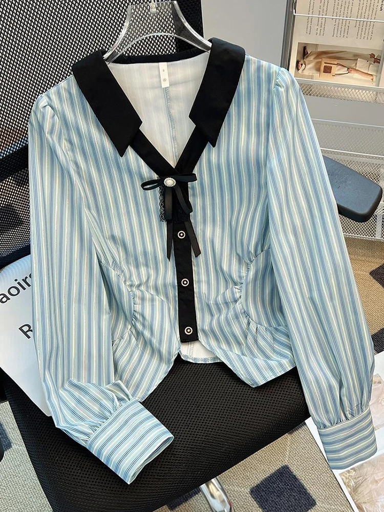 

Autumn New Fashion Bow Elegant Lady Simple Slim Fit Short V-Neck Versatile Top French Women's Blue Striped Long Sleeved Shirt