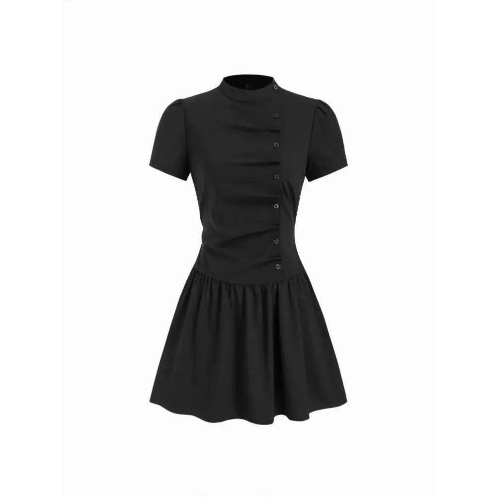 Retro plaid dress for women, summer stand up collar, slimming effect, bubble sleeves, American plaid waist cinching, lace up sho