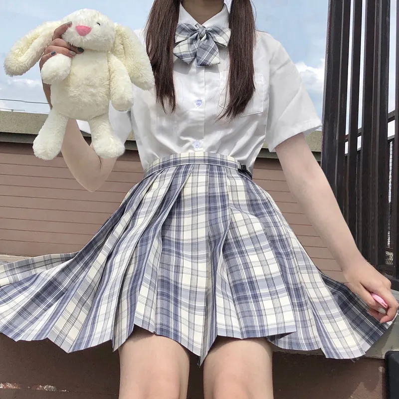 Korean School JK Uniform School Shirt Plaid Skirt Set South Korea Students Short Sleeve Japanese Pleated Skirt Set Girl Seifuku