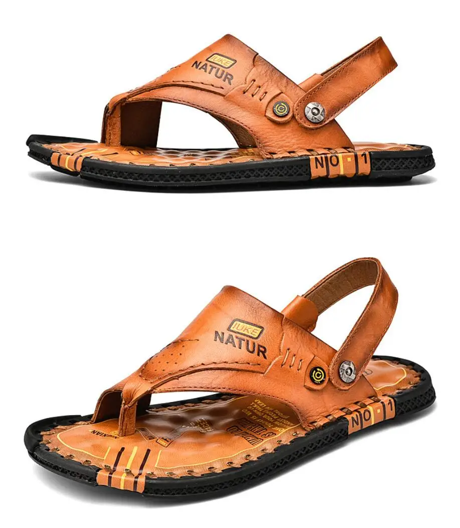 

Cow Leather Mens Sandals Summer Leather Beach Shoes Men Outdoor Lightweight Casual Shoes Fashion Soft Flats Shoes Men Flip Flops
