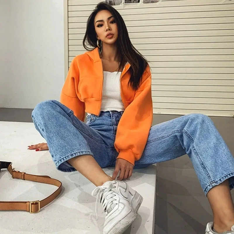 Damskie krótkie bluzy z kapturem na zamek, streetwear vintage z kieszeniami, krótkie bluzy, odzież wierzchnia, Harajuku Y2K, jednolite kurtki z kapturem.