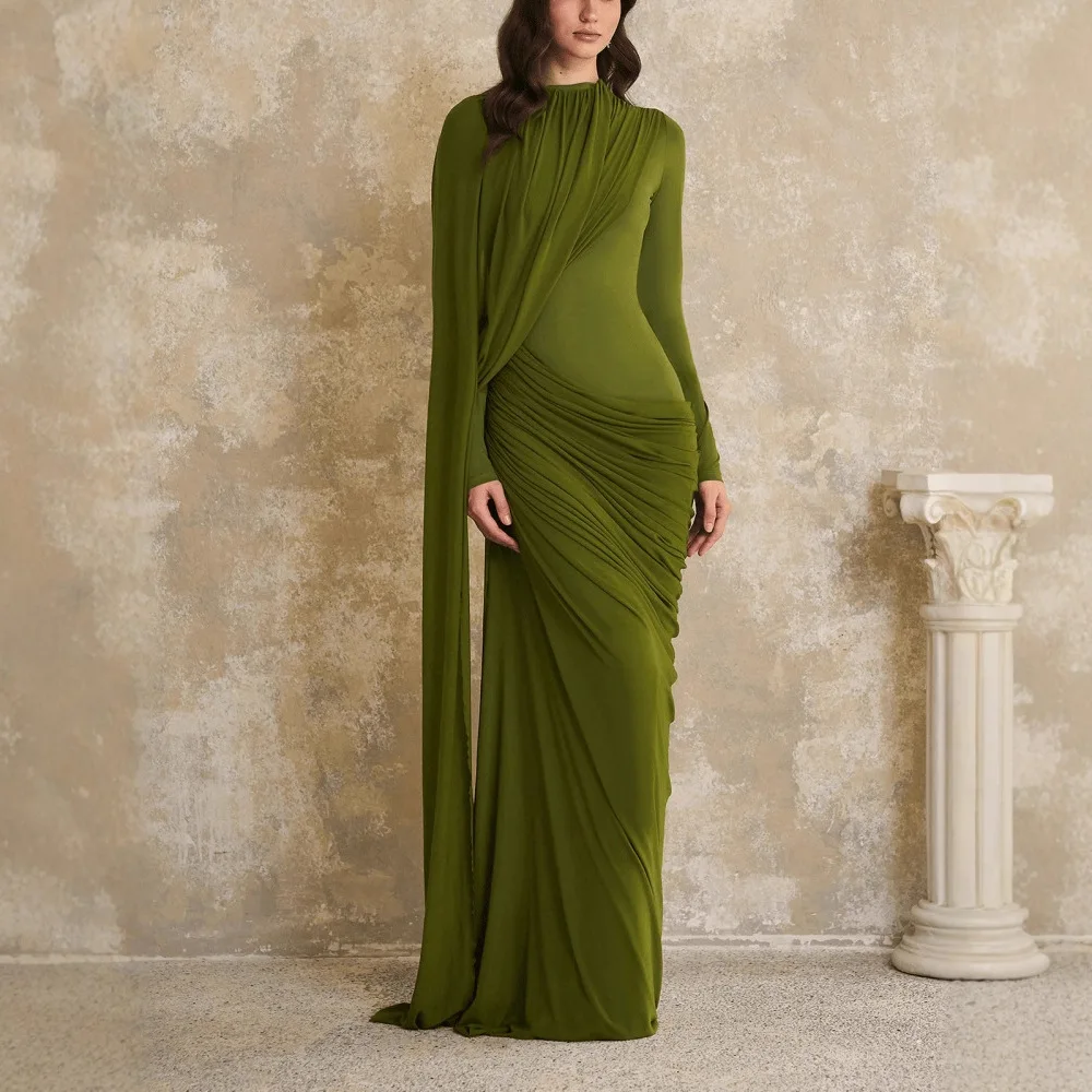 Fashionable Slim Fit Long Sleeve round Neck Dress Women's High Waist Knitted Gown Elegant Draped Sash Cross-Border Ladies Dress