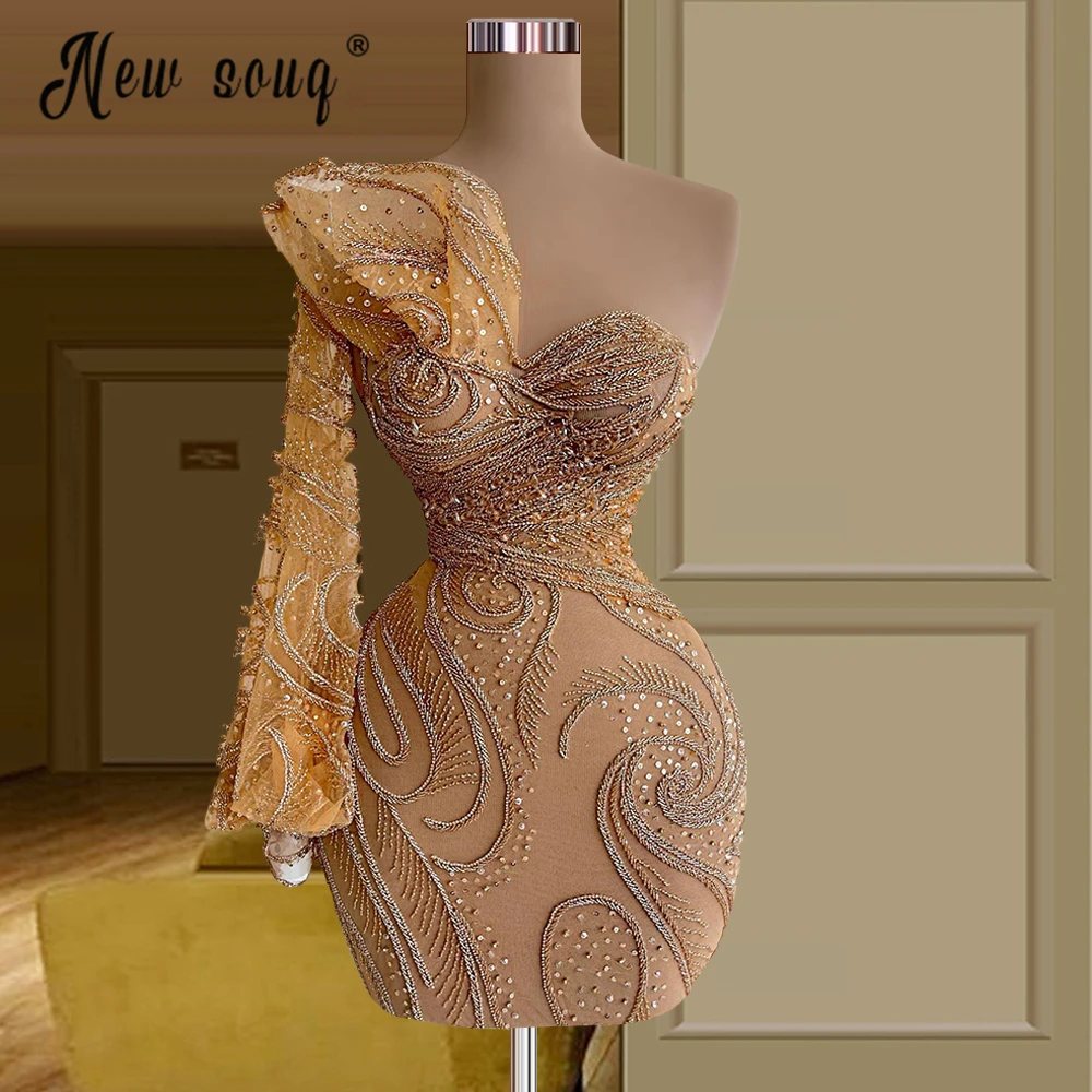 Dubai Champagne Beaded Cocktail Dress One Lantern Sleeve Sparkly Gold Short Prom Gowns Women Luxury Party Night Dresses