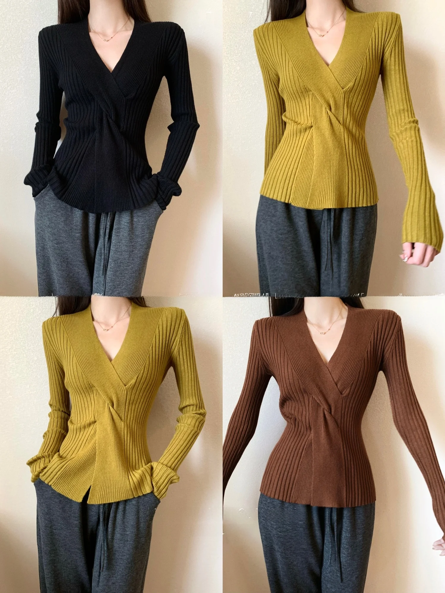 

Libby Gentle Cross Base Knitwear Long Sve Slimming Women's Top Versatile Autumn Winter Faion Soft Sle V-Ne Color