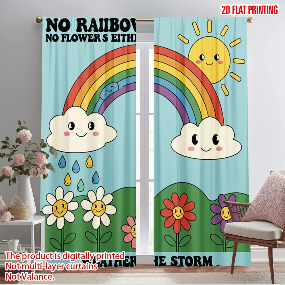 

2pcs 2D flat printing Window Drapes Vintage Rainbow Flowers Polyester Without Electricity Festive Holiday Use for All Occasions