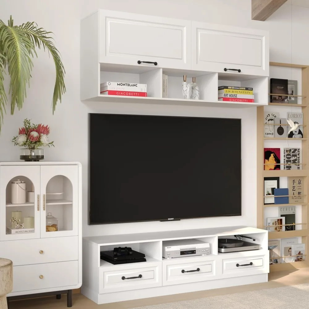 

2 Piece Entertainment Center with Storage, Includes 70" TV Stand with Shelves & Drawes, Wall Display Cabinet, Modern TV Console