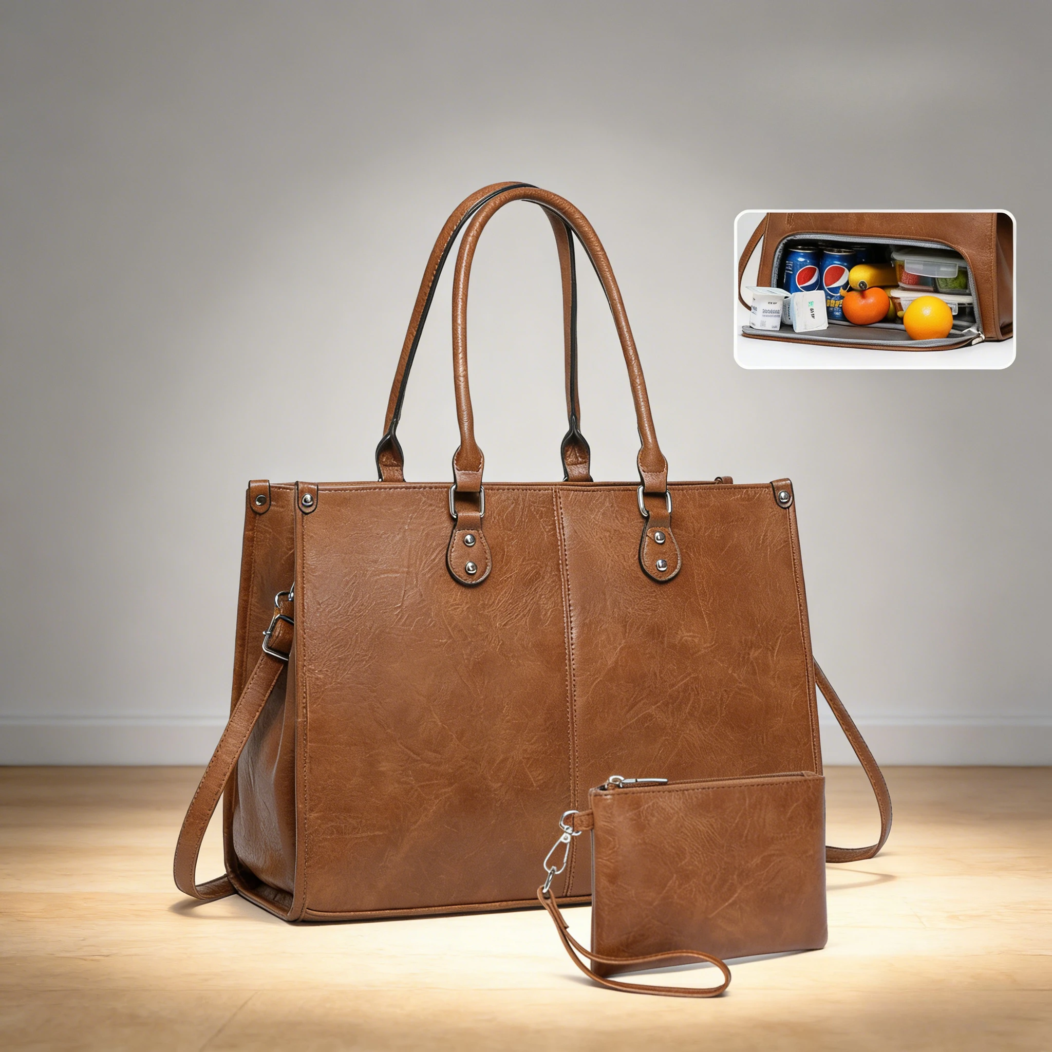 2 in 1 Laptop Tote Bag with Insulated Lunch Compartment for Women Work PU Leather Lunch Bag with 15.6 Inch camp picnic bags