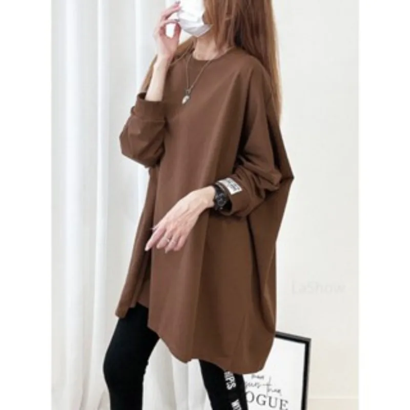 Women Sweatshirt Autumn Winter Casual Loose Cotton Color-Block Crew Neck Long Plus-Size Mid-Length Long Sleeve Loose Sweatshirt