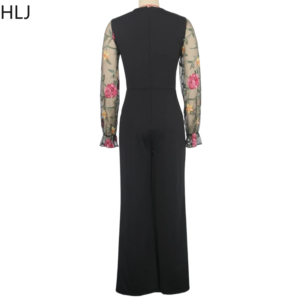 HLJ Black Fashion Mesh Embroidery Stitching Straight Jumpsuits Women O Neck Long Sleeve Slim One Piece Playsuits Female Overalls