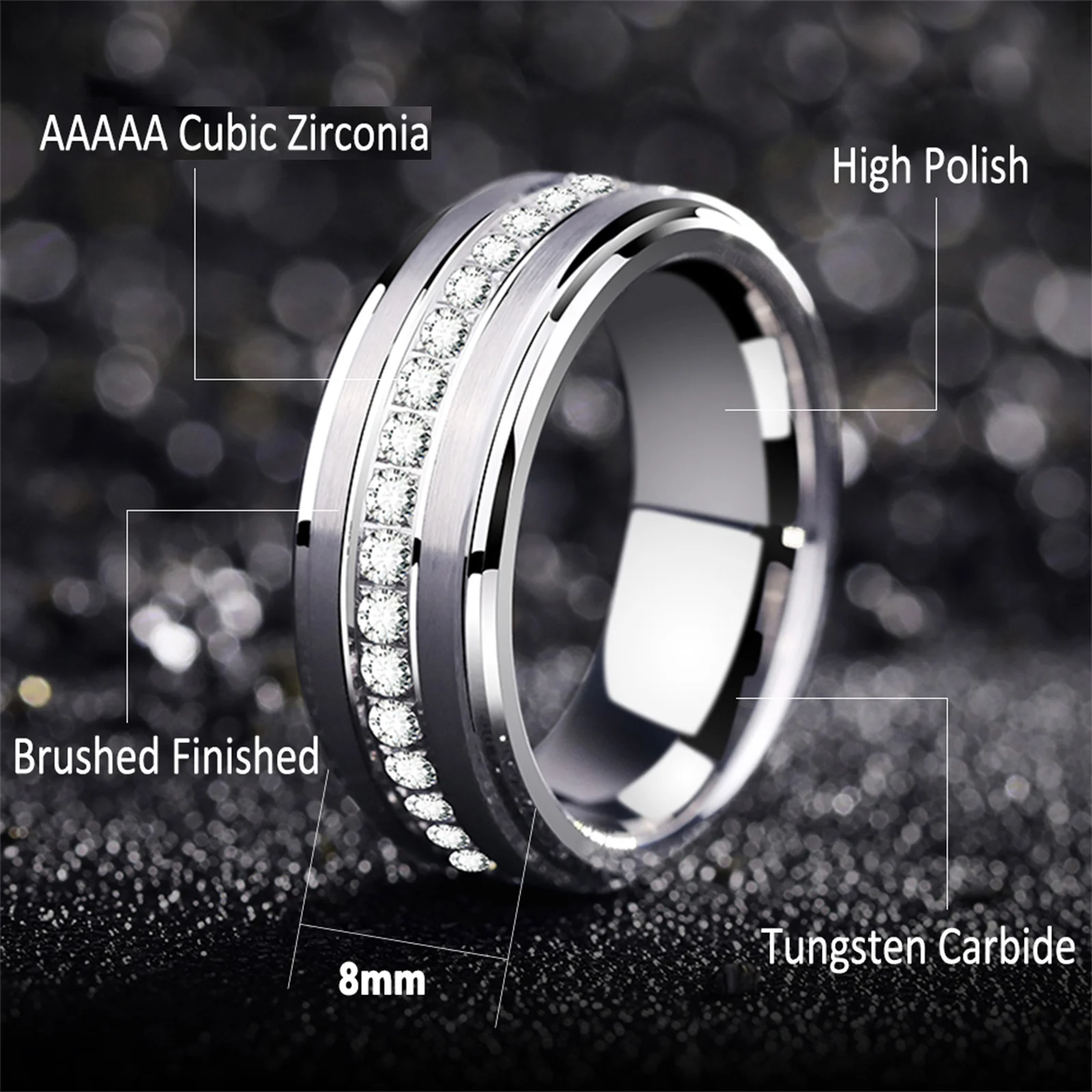 Newshe Men\'s Wedding Band Brushed Finished Tungsten Carbide Promise Rings for Men Charm Half Eternity Round Zircon Jewelry