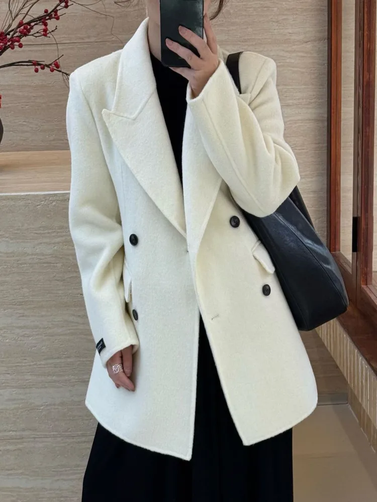 ZMEENNA Cappotto blazer doppiopetto in misto lana elegante da donna con risvolto dentellato Giacca invernale casual Elegante tuta sportiva bianca ZM3620