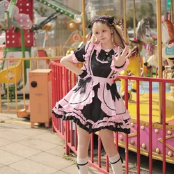 Japanese Lolita Black Pink Maid Cos Sweet Girl Cute Cat Bow Soft Girl Suit Fashion Casual Lolita Dress