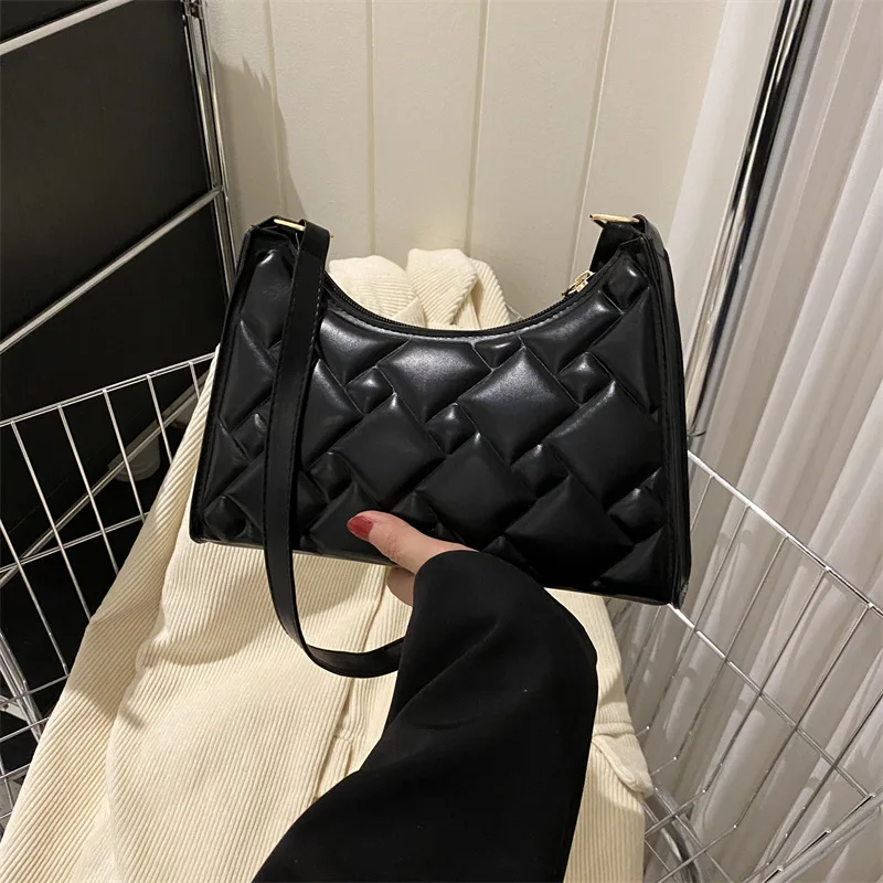 2023 Fashion Vintage Women\'s Shoulder Bag Rhombus Embroidered Handbag Simple Designer Underarm Bag Solid Color Zipper Clutch