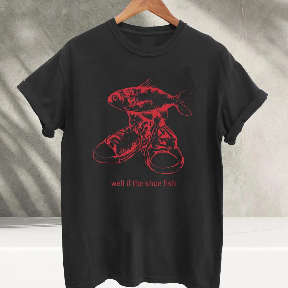 Well If The Shoe Fish Pun Red Sketch Fish Sneakers Graphic T‑Shirt Funny Wordplay Meme Ocean Fish Shoe Vintage Print Streetwear