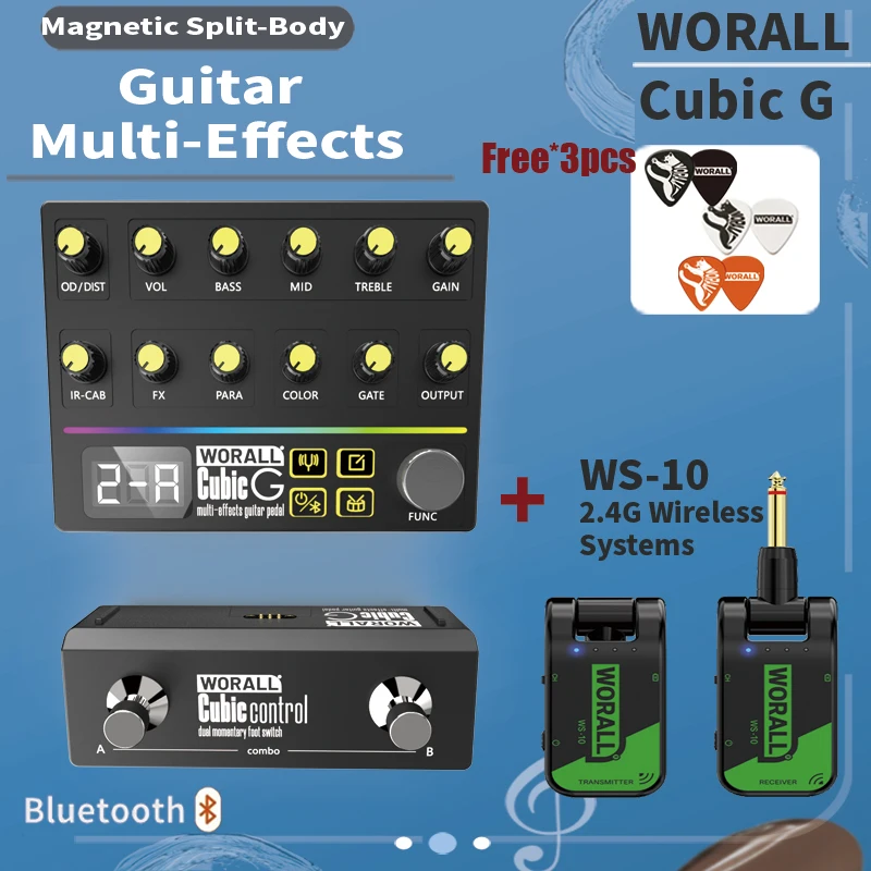 WORALL Cubic G Guitar Effects Pedal WS10 Wireless System Bundle: 97 Effects, IR, 40Drum, Bluetooth, OTG, Built-in Battery