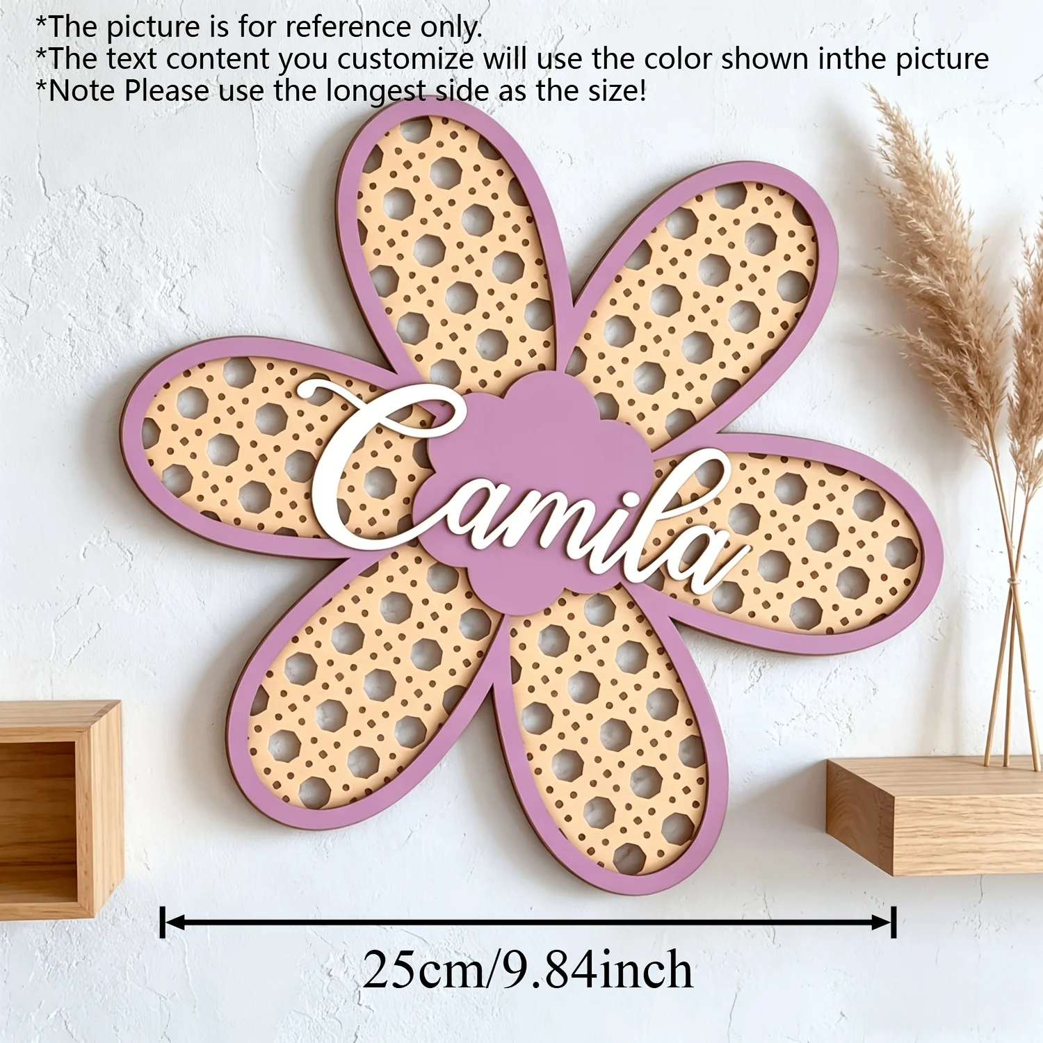 Personalized Boho Rattan Flower Name Sign, Customizable Pink Door Plaque, Nursery Bedroom Decor, Lovely Keepsake - view 2