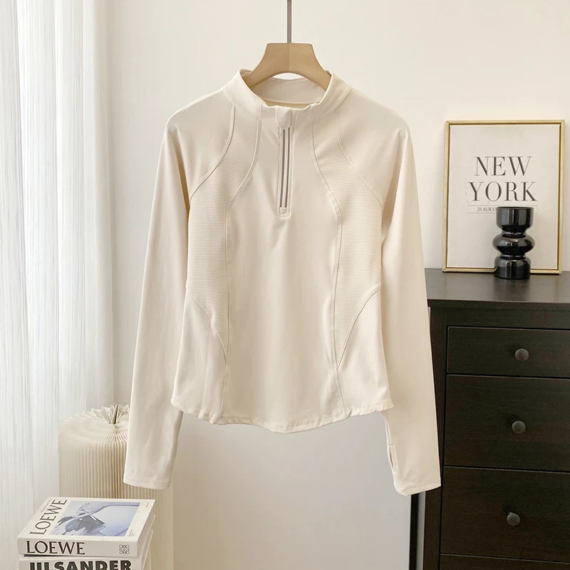 Outdoor Sports Long Sleeve Zipper Jacket Stand Collar Slim Fit Yoga Fitness Outerwear Base Layer Top for Women