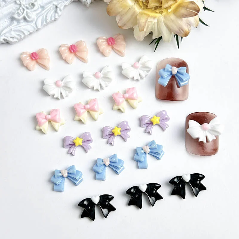 50Pcs Resin Macaron Heart Star Bows Nail Charms Double Color Luminous Ribbon Bowknots Nail Art Decorations for DIY Nails Parts