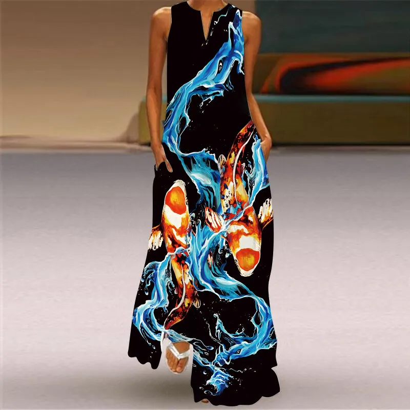 2024 Fish Splashing Print Sexy Sleeveless V-neck Dress Fashion Elegant Travel Holiday Knee-length Dress Party Evening Dress