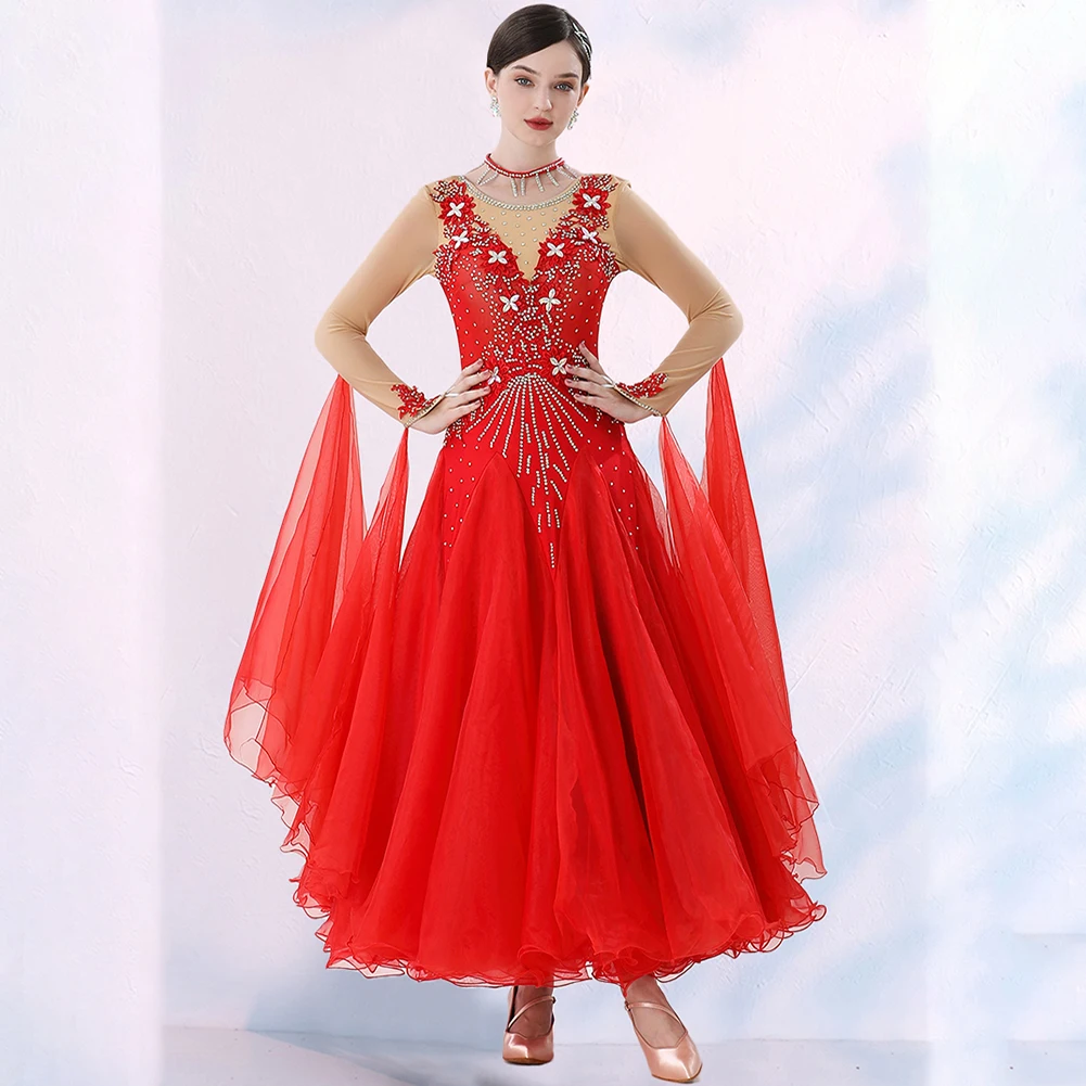 Falda de Flamenco para mujer, vestido de competición de vals de salón con cuello redondo, diamantes de imitación de alta calidad, práctica moderna, baile elegante rojo