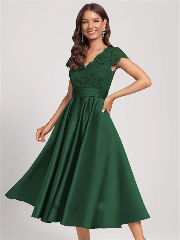 

A-Line Prom Dresses Vintage Gowns Short Length Sleeve Homecoming Tea Satin with Pleats Elegant Party Dresses For Women Luxury