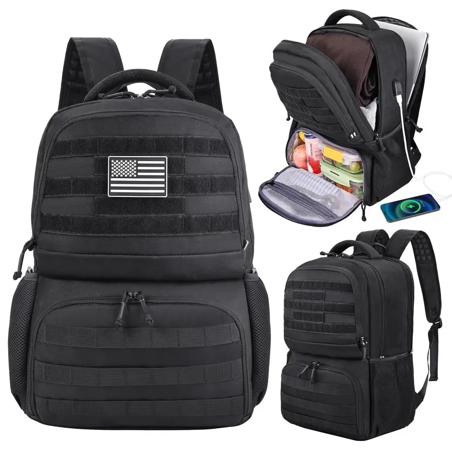 

Laptop Lunch Backpack for Men, Tactical Inspired Utility AntiTheft Work Bag with Cooler Compartment Lunchbox Black, 18 Inch