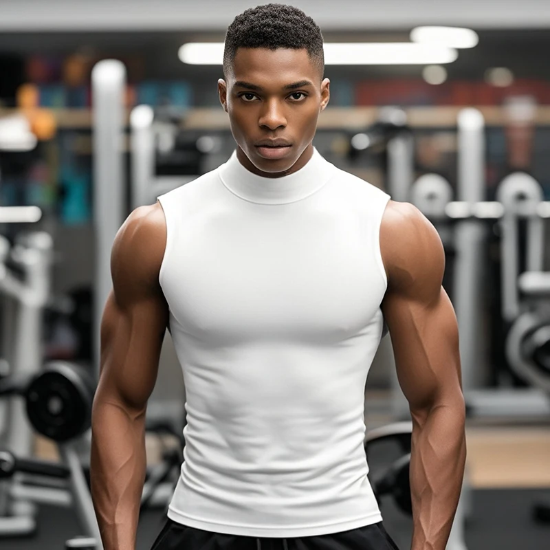 

Компрессионная футболка для мужчин, безрукавки для тренировок, футболки с высоким воротником, жилеты для бега, майки для спортзала, одежда для фитнеса и тренировок