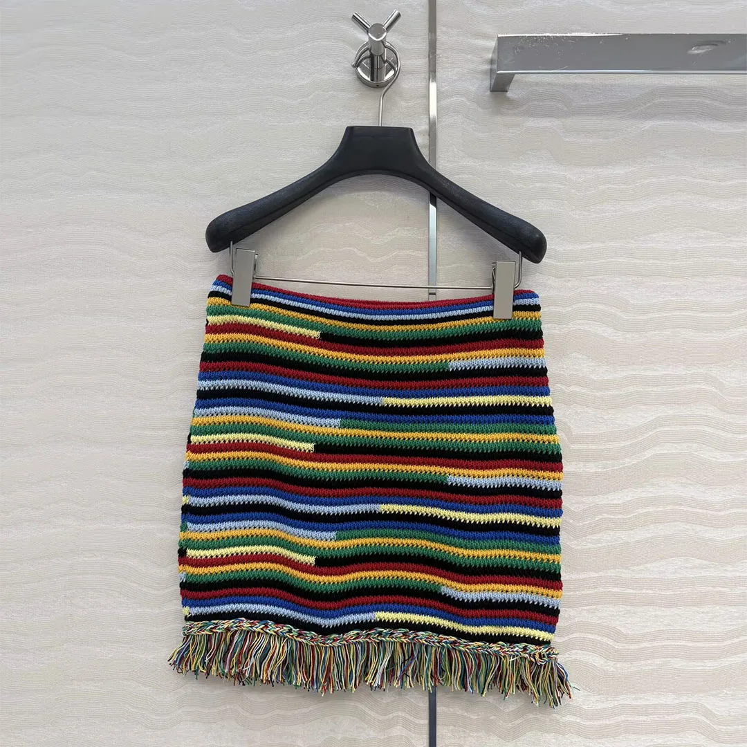 Sweet Colorful Stripes Crochet Knitted Tassel Mini Skirts Women High Waist Beach Style Cute Summer Skirt