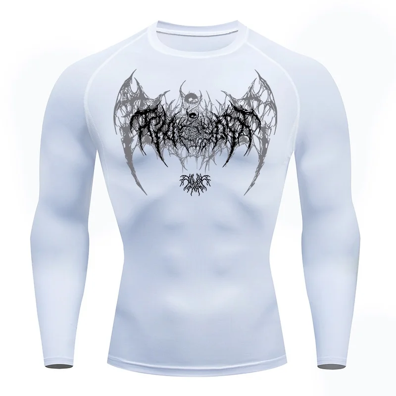 เสื้อคอมเพรสชั่นแขนยาวลายปีกหัวกะโหลกสำหรับผู้ชาย เสื้อออกกำลังกาย เสื้อวิ่ง เสื้อซับใน เสื้อกีฬา สำหรับฤดูใบไม้ผลิและฤดูใบไม้ร่วง