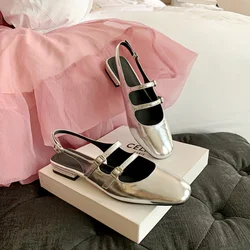 Women Flats Silver Mary Jane Sandals Female Summer New Leather Mary Jane Strap Fashion Square Toe Shallow Elegant Flats Pumps