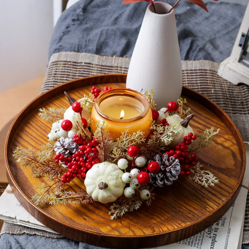 Christmas Candlestick Wreath Artificial Berry Pumpkin Garland Candle Ring Xmas Table Decoration Harvest Wreath for Candle Holder