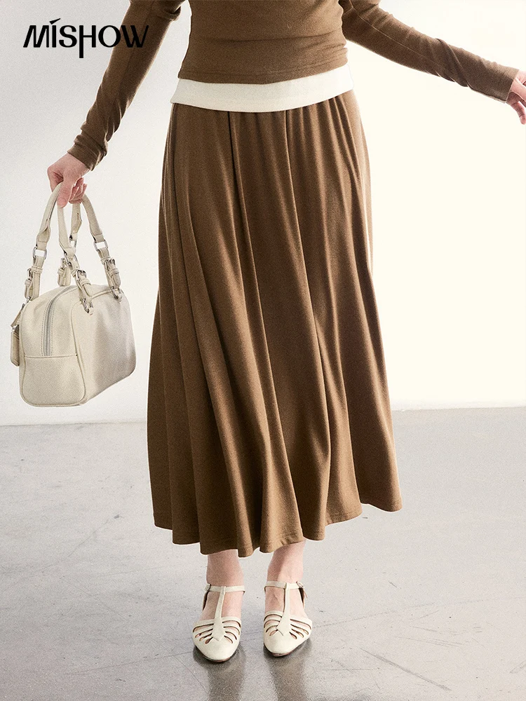 

Женская эластичная юбка-миди А-силуэта MISHOW, весна 2026, свободная вязаная юбка, мягкая повседневная коричневая юбка для офиса MXF11B2472
