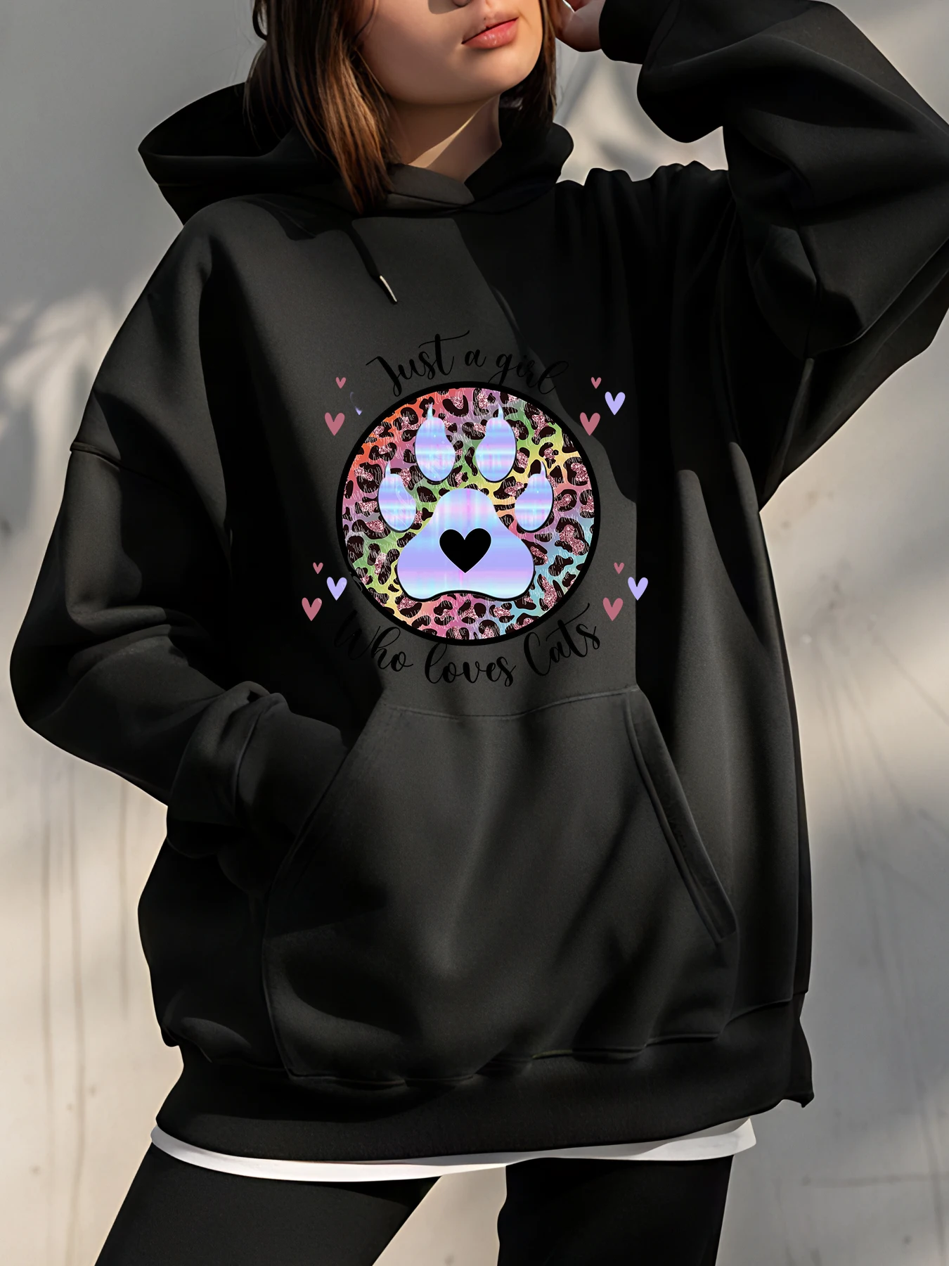 Moletom feminino com capuz estampa de pata de gato estampa de leopardo moletom casual streetwear para amantes de gatos meninas